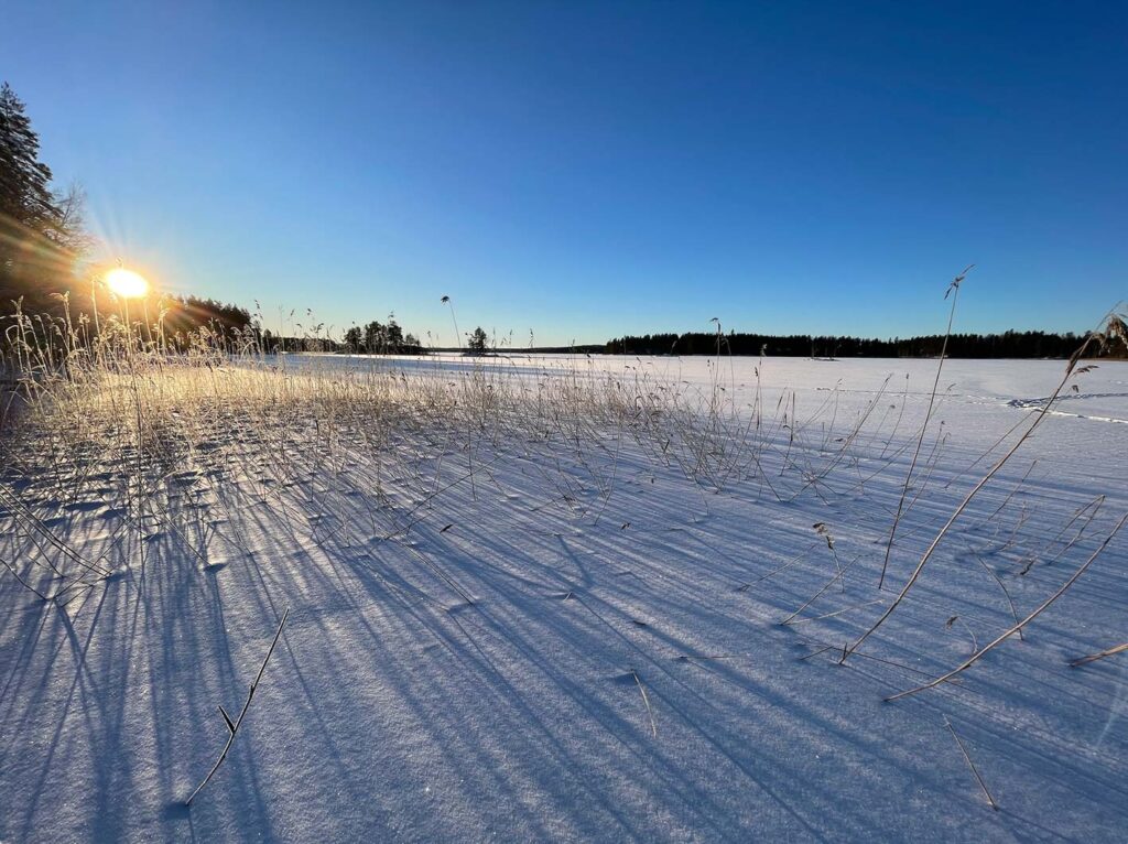 The low winter sun streams across a quiet, calm, frozen lake in Finland