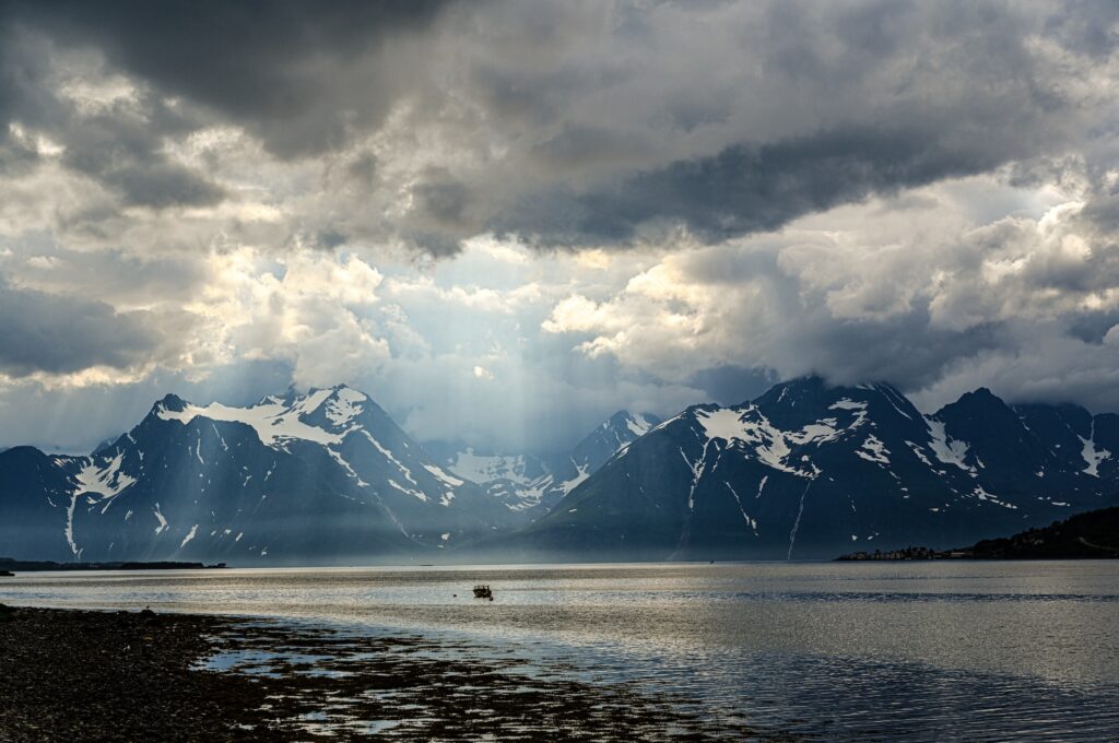 View from near Rotsund on the E6 road in far north Norway looking across Lyngen Fjord to the Lyngen Alps © copyright Matthew Brace